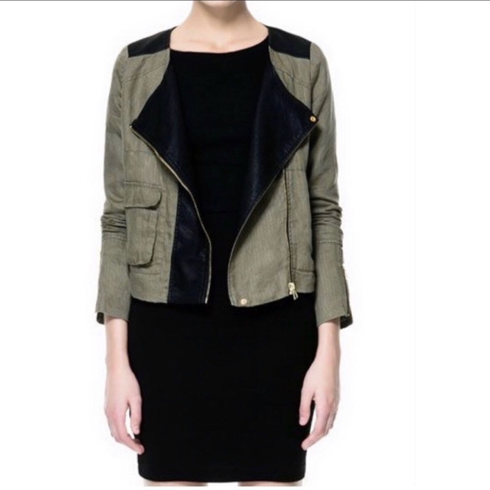 Zara Trafaluc Linen Faux Leather Motorcycle Jkt Sm